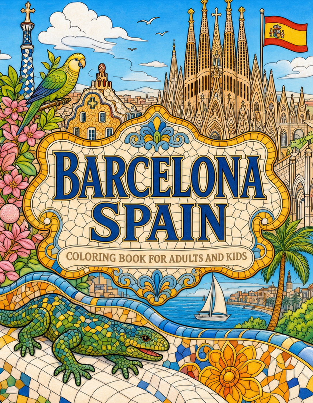 Barcelona Spain Travel Coloring Book Cover