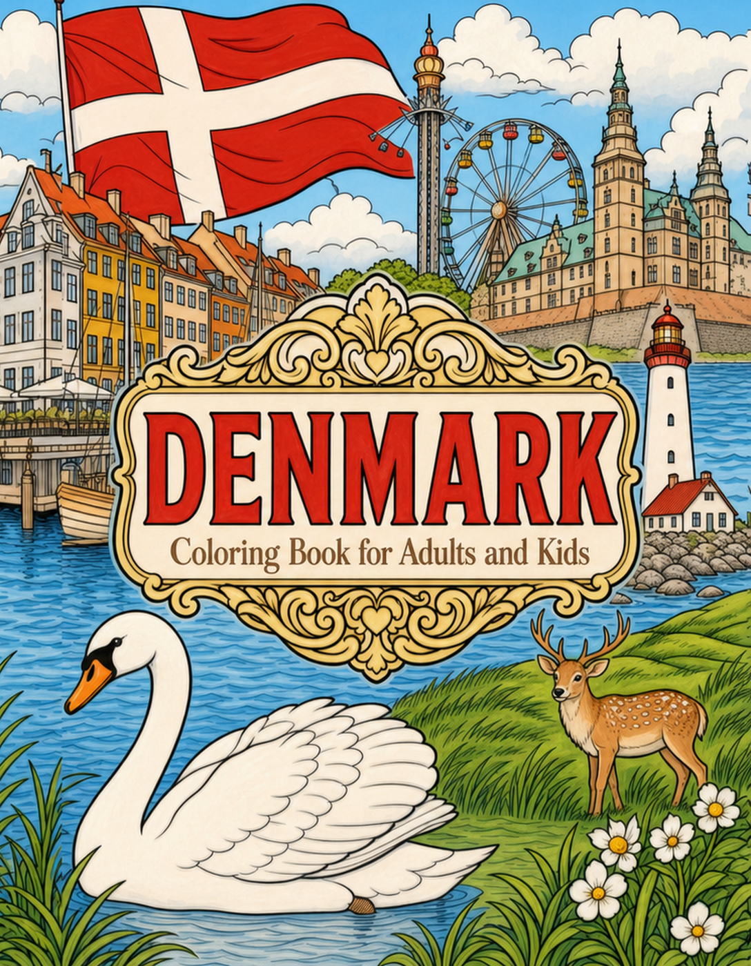 Denmark Travel Coloring Book Cover