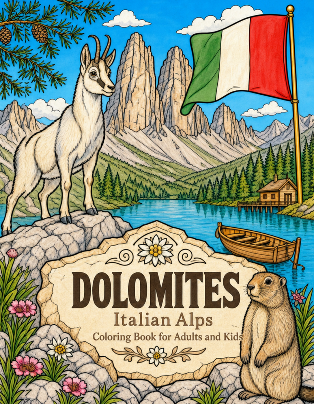 Dolomites Italy Travel Coloring Book Cover
