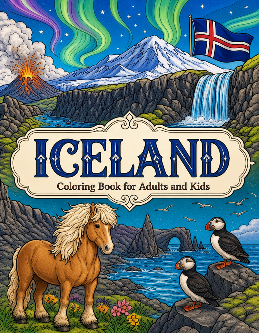 Iceland Travel Coloring Book Cover