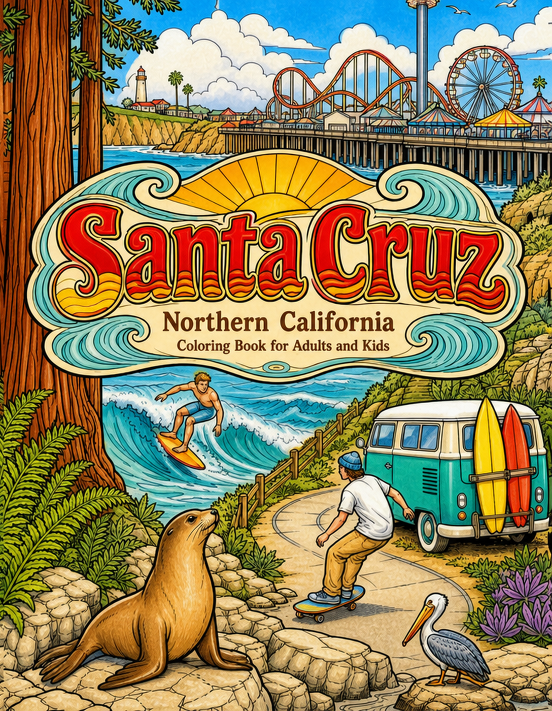 Santa Cruz California Travel Coloring Book Cover